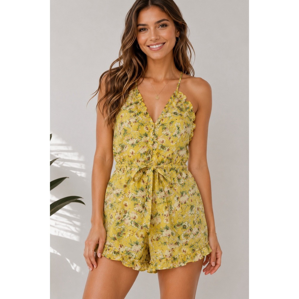 Apricot Lane Boutique Women Yellow Floral V-Neck Ruffle Romper M SP1525
